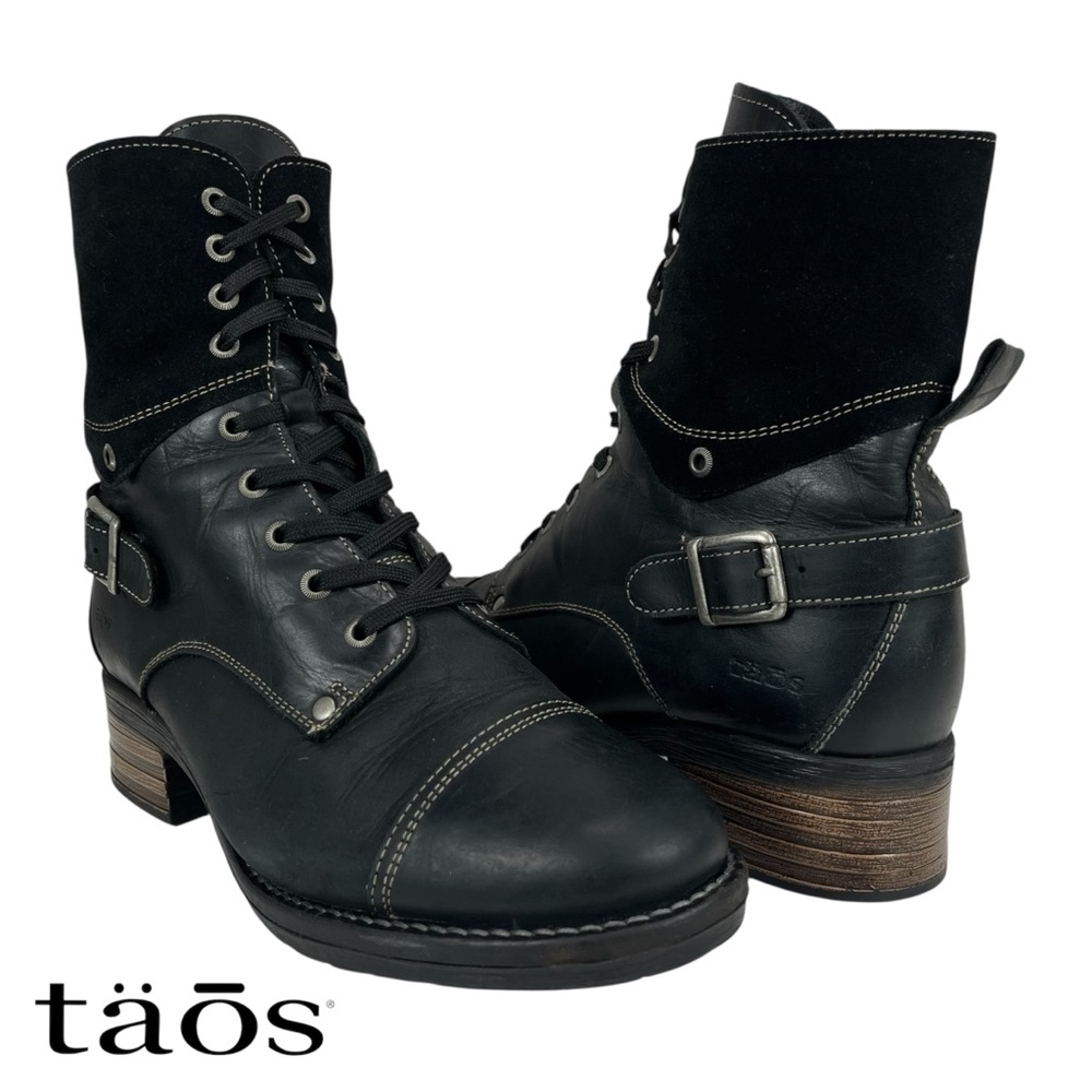 Taos Women’s US‎ 11–11.5 Crave Combat Boots Black Leather Suede Collar Portugal